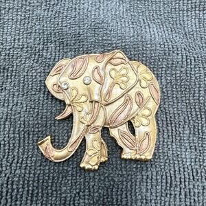 Elephant Brooch Pin Gold & Rose Gold Tone w/ Clear Rhinestone Eyes 2"x2.125"